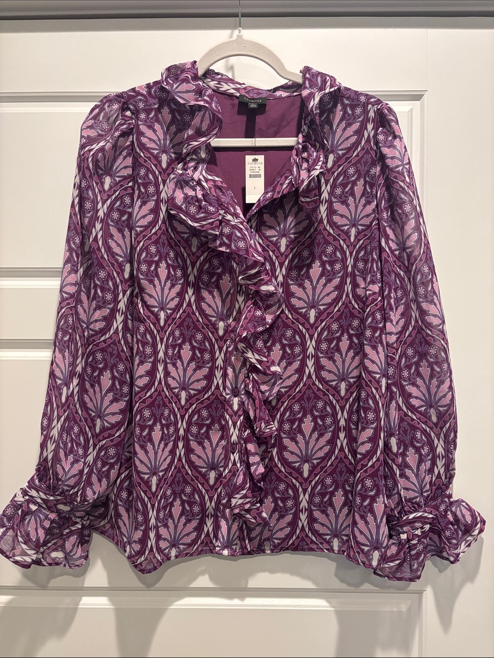 NWT Talbots Purple & Light Pink Ruffle Front Blouse